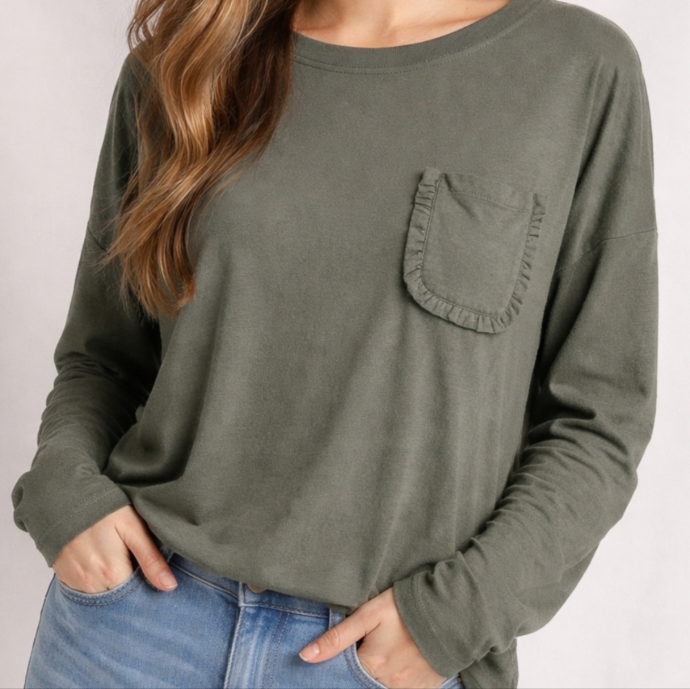 Olive Green Long Sleeve Pocket Tee Ruffle Pocket Women's XL